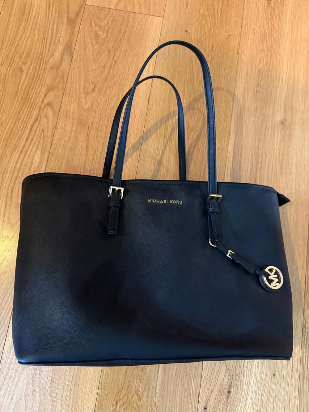 Michael Kors Black Saffiano Tote with Gold Logo Charm